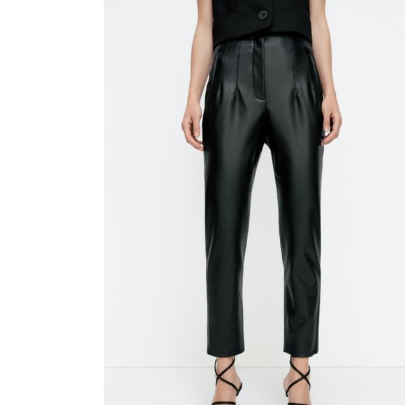 ZARA BLACK HIGH-RISE FAUX LEATHER ANKLE TROUSERS - Picture 8 of 16